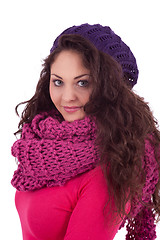 Image showing beautiful young smiling girl with hat and scarf in winter