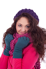 Image showing beautiful young smiling girl with hat and scarf in winter