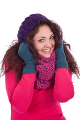 Image showing beautiful young smiling girl with hat and scarf in winter