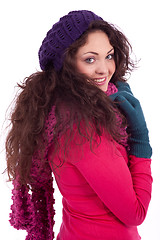 Image showing beautiful young smiling girl with hat and scarf in winter