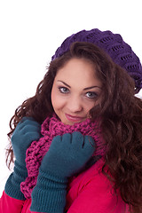 Image showing beautiful young smiling girl with hat and scarf in winter