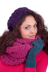 Image showing beautiful young smiling girl with hat and scarf in winter