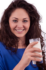 Image showing beautiful smiling woman is drinking milk