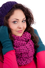 Image showing beautiful young smiling girl with hat and scarf in winter