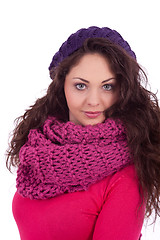 Image showing beautiful young smiling girl with hat and scarf in winter