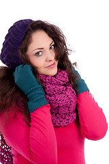 Image showing beautiful young smiling girl with hat and scarf in winter