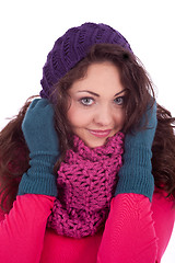 Image showing beautiful young smiling girl with hat and scarf in winter