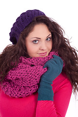 Image showing beautiful young smiling girl with hat and scarf in winter