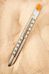 Image showing Thermometer shows the heating of the sand