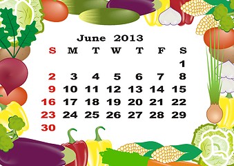 Image showing June - monthly calendar 2013 in frame with vegetables