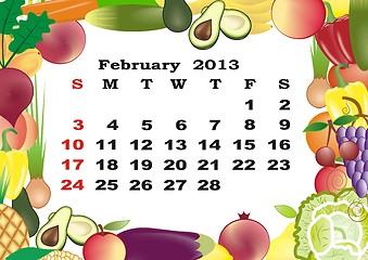 Image showing February - monthly calendar 2013 in frame with fruits and vegetables