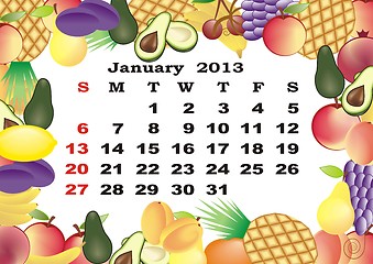 Image showing January - monthly calendar 2013 in frame with fruits