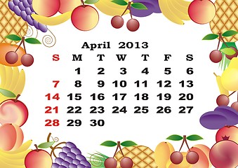 Image showing April - monthly calendar 2013 in frame with fruits