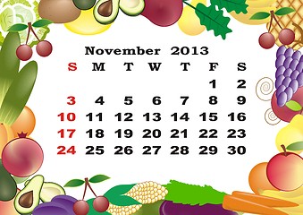 Image showing November - monthly calendar 2013 in frame with fruits and vegetables