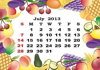 Image showing July - monthly calendar 2013 in frame with fruits