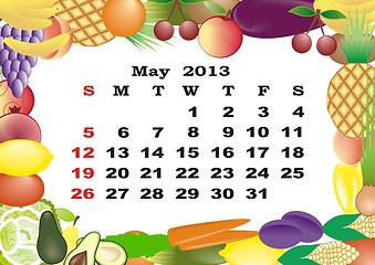 Image showing May - monthly calendar 2013 in frame with fruits and vegetables
