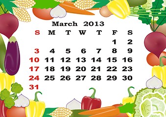 Image showing March- monthly calendar 2013 in frame with vegetables