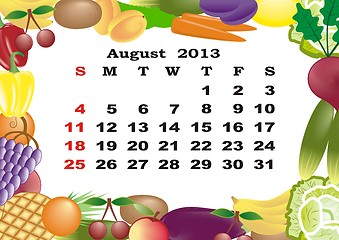 Image showing August - monthly calendar 2013 in frame with fruits and vegetables