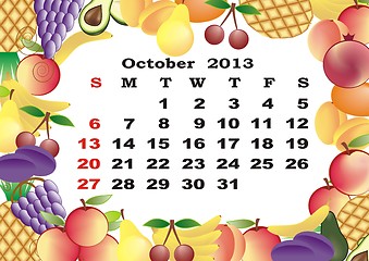Image showing October - monthly calendar 2013 in frame with fruits