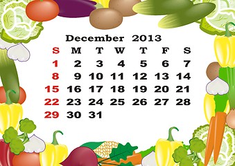 Image showing December - monthly calendar 2013 in frame with vegetables