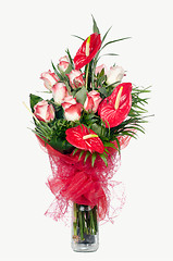 Image showing Red Anthurium and  Pink Roses 