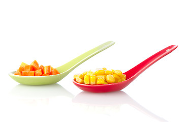 Image showing Canned corn and carrot slices on ceramic spoons