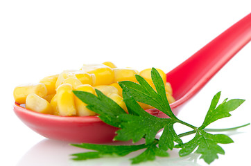 Image showing Canned corn in a red ceramic spoon