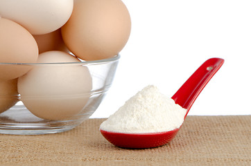 Image showing Brown eggs on brown and red ceramic spoon with white powder