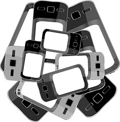 Image showing Black smart phones set on white background