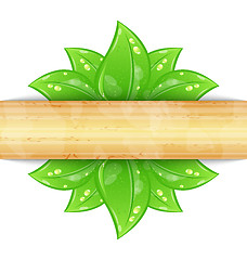 Image showing Eco friendly background with green leaves, wooden texture