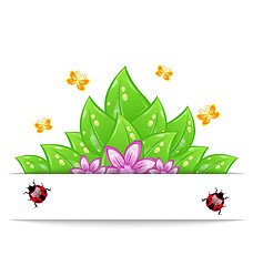 Image showing Eco friendly card with green leaves, flower, butterfly and ladyb