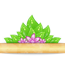 Image showing Eco friendly background with green leaves, flower, wooden textur