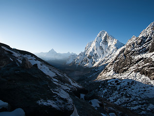 Image showing Cho La pass and snowed peaks at dawn in Himalayas