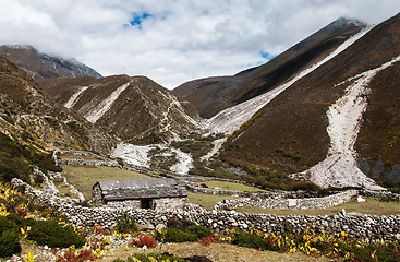 Image showing Life in Nepal: highland village and peaks in Himalayas