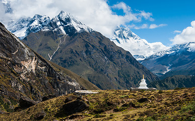 Image showing Buddhist stupe or chorten and Lhotse peaks in Himalayas