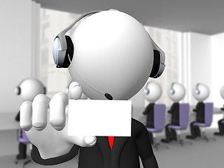 Image showing Call center operator with headphones and microphone showing a bl