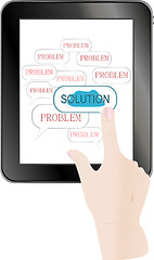 Image showing business hand pushing on solution innovation button