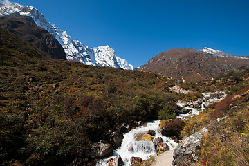 Image showing Himalayas landscape: snowed peaks and stream