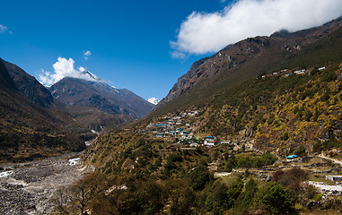 Image showing Landscape in Himalaya: peaks and highland village