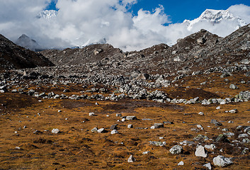 Image showing Himalaya landscape: moraine and mountain peaks