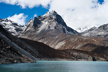 Image showing Summit and Sacred Lake near Gokyo in Himalayas