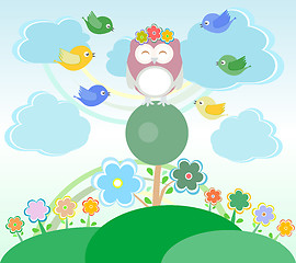 Image showing Background with flowers, birds and owl sitting on the tree