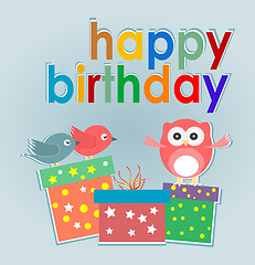 Image showing cute owl, birds and gift boxes - happy birthday card