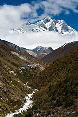 Image showing Lhotse and Lhotse shar peaks. Village and stream