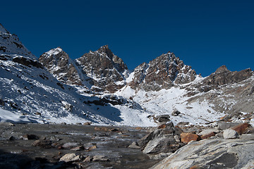 Image showing Renjo pass: mountain peaks and stream in Himalayas