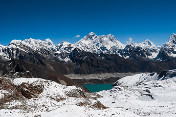 Image showing Famous peaks from Renjo Pass: Everest, Makalu, Lhotse, Nuptse, P