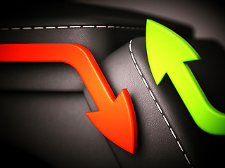 Image showing Red and green arrows over black leather blocks: growth and decli