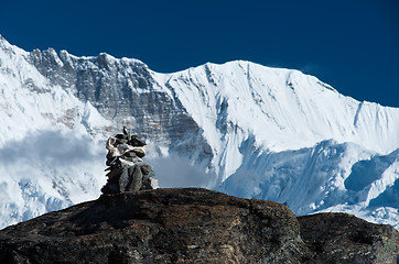 Image showing Harmony: Stone stack and mountain range in Himalayas
