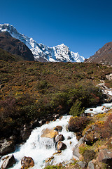 Image showing Himalaya landscape: snowed peaks and stream