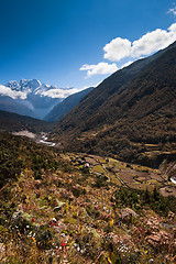 Image showing Himalaya landscape: snowed peaks and highland village